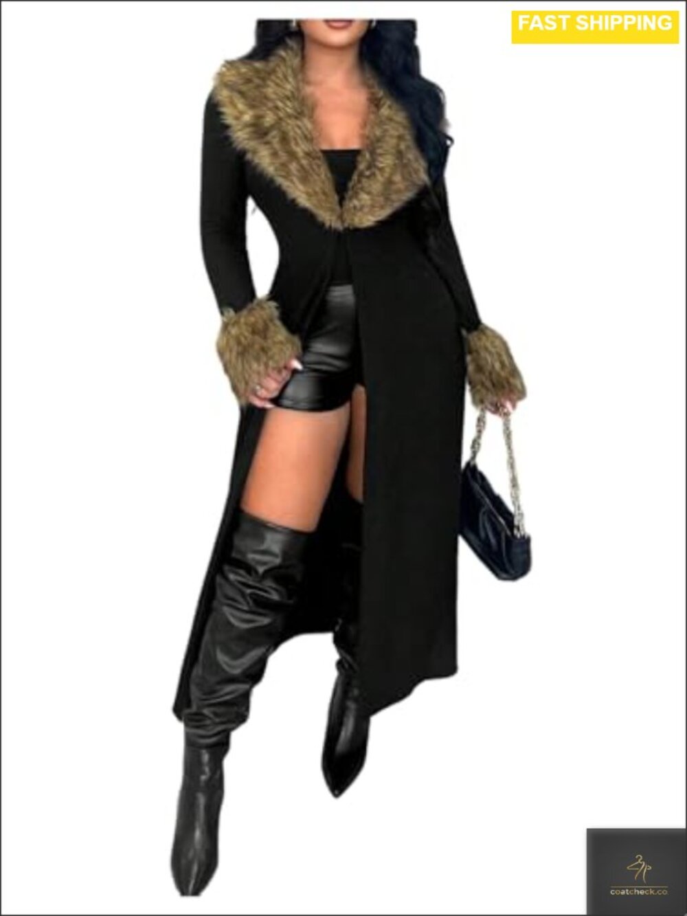 Faux Fur Trim Open Front Long Cardigan Sweater Knit Outerwear